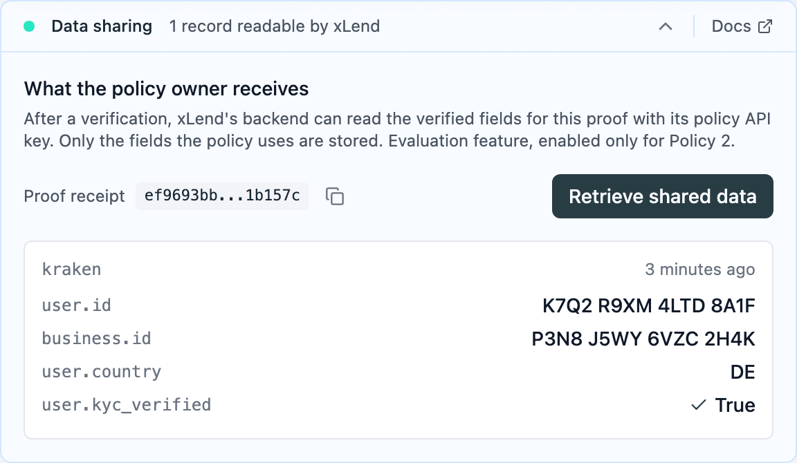 The xLend demo reading back the verified fields for one proof.